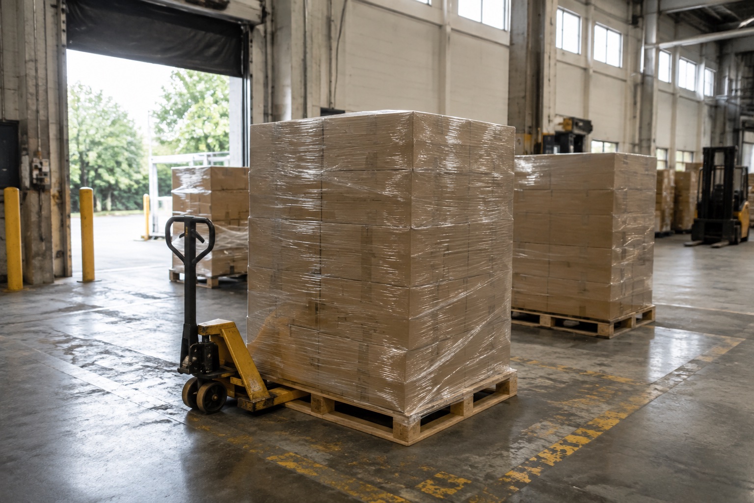 Wrapped freight pallets and a pallet jack beside a naturally lit warehouse loading bay