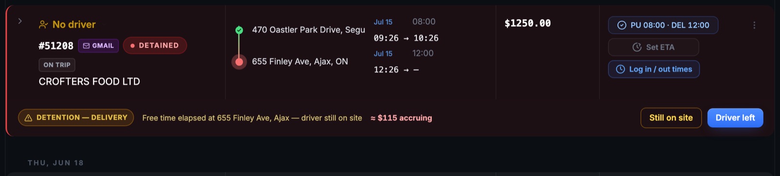 FleetOS detention view showing a load flagged for dispatcher review