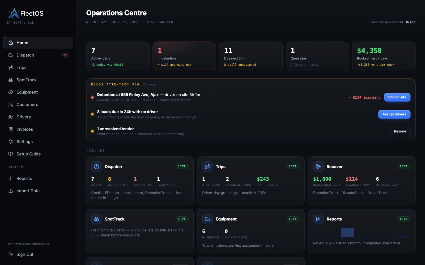 FleetOS Operations Centre with active loads and exceptions ready for review